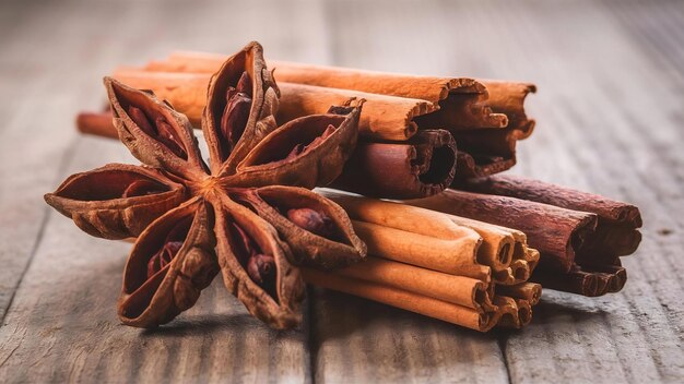 Anise étoilée et cannelle sur surface en bois