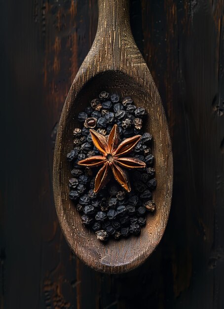 Photo anise étoilée et clous de girofle dans une cuillère en bois