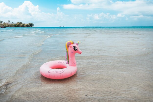 Un anneau de caoutchouc rose et un paysage de plage sur l'île