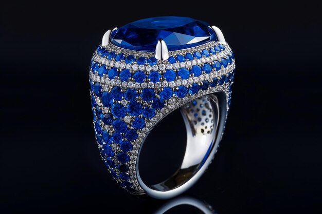 Anneau de cocktail en argent ou en or blanc avec des diamants et des saphirs bleus en gros plan Perles précieuses et métaux bijoux en pierres précieuses naturelles