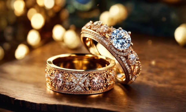 anneau de diamant de bijoux sur table en bois avec fond bokeh ai génératif
