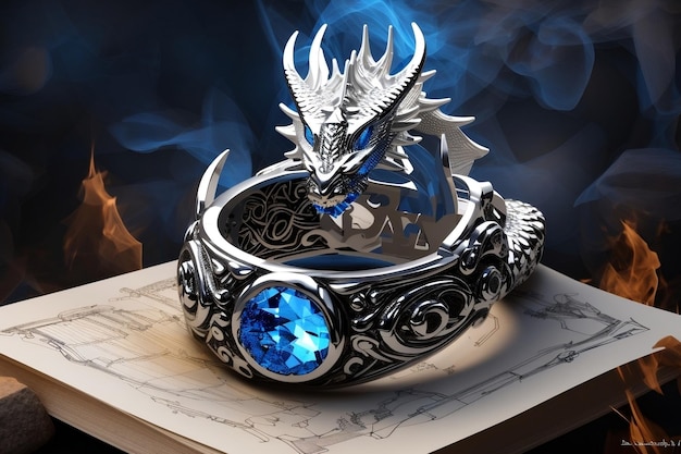 Anneau de dragon blanc, plan, yeux bleus, pouvoirs magiques du feu, vieilles runes en papier inscrites