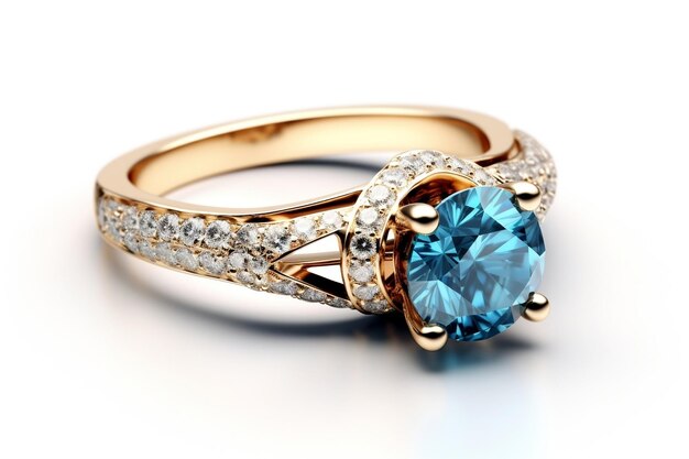 Anneau de fiançailles en diamant bleu isolé sur fond blanc IA générative