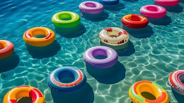 Photo anneau gonflable coloré dans la piscine aux beaux jours concept de vie de détente concept de vie de loisirs fond de couleur