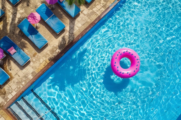 Un anneau gonflable flottant dans une piscine bleu clair par un jour de soleil