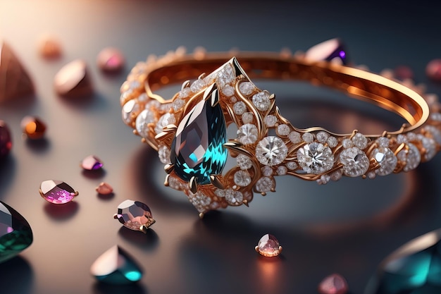 Anneau de mariage avec des diamants sur un fond de couleur solide bijoux ai génératif