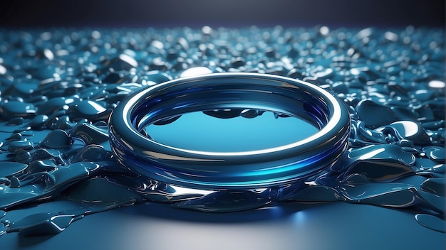 Un anneau métallique bleu est posé sur une surface qui ressemble à de l'eau bleue.
