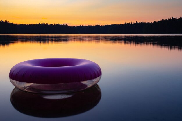 Anneau de natation gonflable violet sur le dessus de la surface de l'eau du lac encore au coucher du soleil.