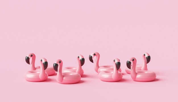 Anneau de piscine gonflable flamingo minimal et saison estivale sur fond rose avec concept de vacances tropicales. Rendu 3D.