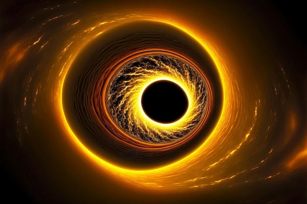 Anneau en spirale jaune noir dans la singularité du trou noir du ciel créé avec une IA générative