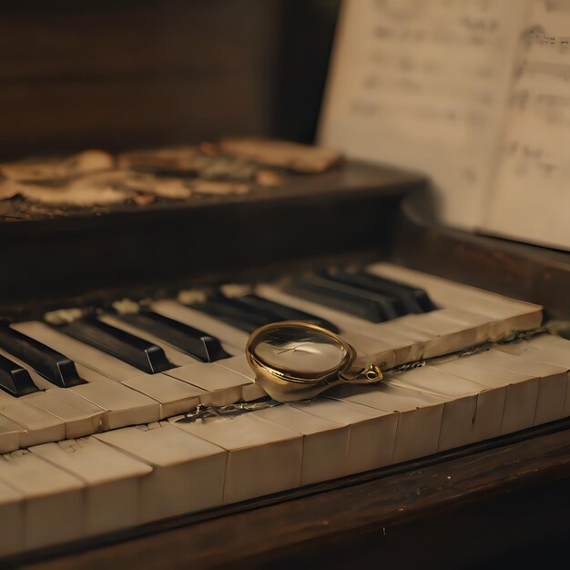 Photo un anneau sur des touches de piano avec une feuille de musique en arrière-plan