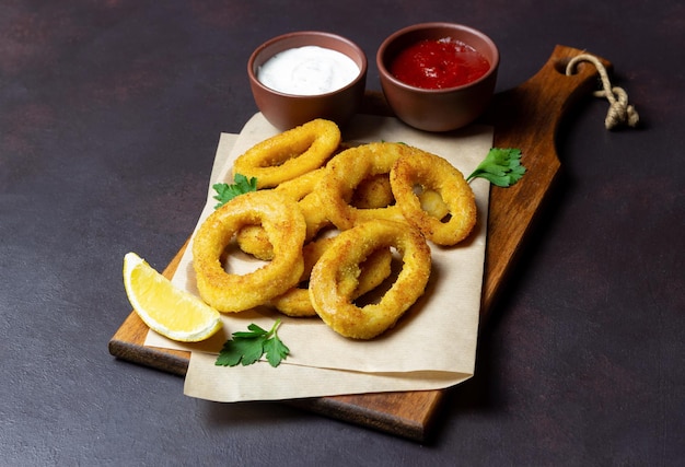 Anneaux de calamars frits aux deux sauces, citron et herbes. Fast food. Apéritif.