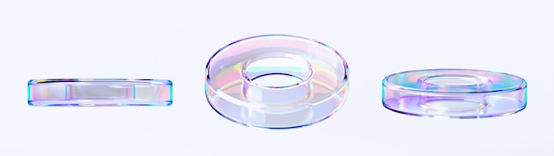 Des anneaux de cercle liquide transparent en verre avec effet de dispersion chromatique Set d'icônes de rendu 3D Des formes de tore fluide abstrait avec texture de gradient Objets arc-en-ciel en cristal Des éléments isolés