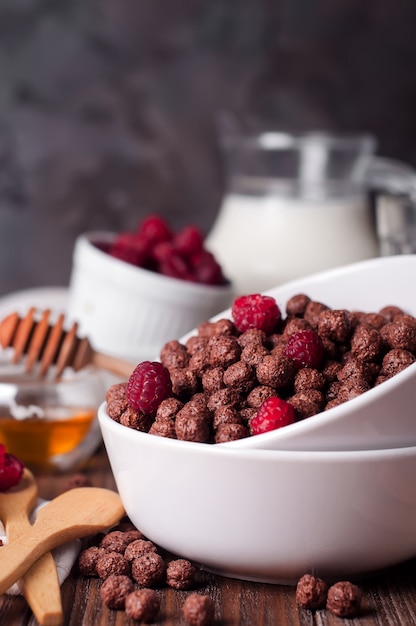 Anneaux de céréales au chocolat dans un bol