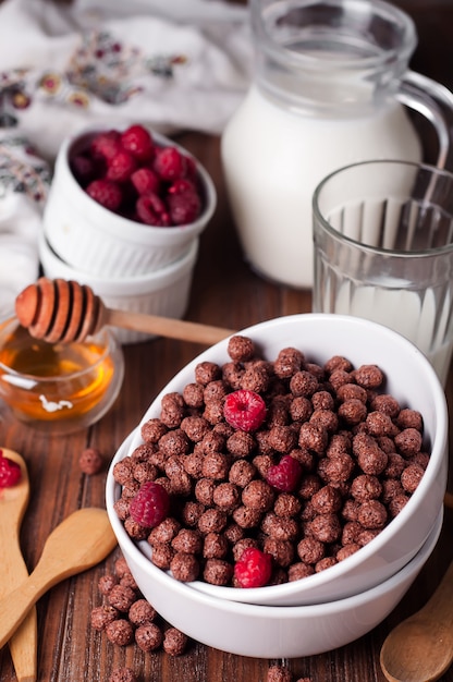 Anneaux de céréales au chocolat dans un bol