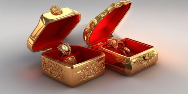 Anneaux de fiançailles en or de mariage dans une boîte à bijoux rouge ouverte, ensemble réaliste sur fond blanc.