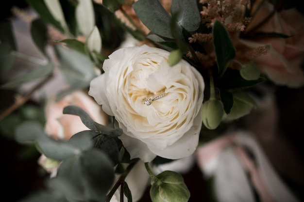 Anneaux de mariage dans une boîte en verre avec une fleur