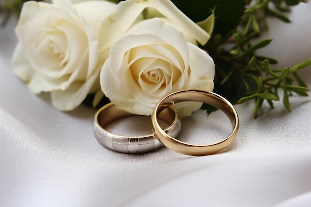 Anneaux de mariage dorés sur la rose blanche du bouquet de mariage