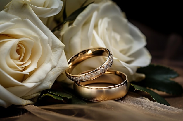 Anneaux de mariage dorés sur la rose blanche du bouquet de mariage