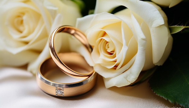 Anneaux de mariage dorés sur la rose blanche du bouquet de mariage
