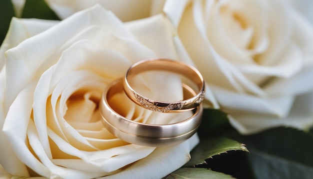 Anneaux de mariage dorés sur la rose blanche du bouquet de mariage