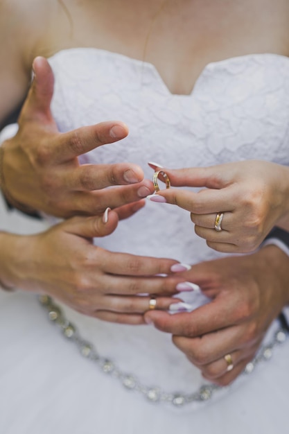 Anneaux de mariage entre les mains des jeunes mariés 2445