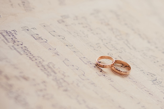 Anneaux de mariage sur une feuille de papier avec des notes de netteté.