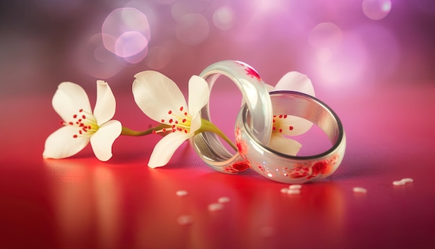 Photo anneaux de mariage et fleurs de jasmin sur une surface plane et arrière-plan flou