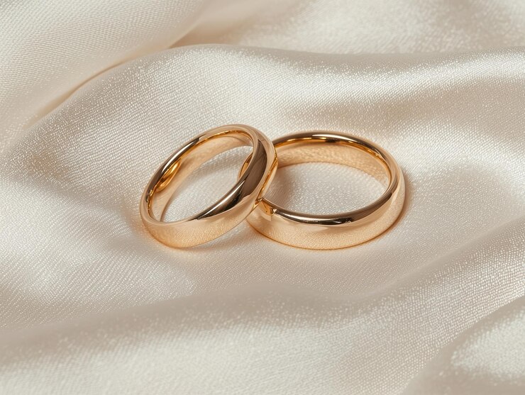 Photo des anneaux de mariage en or élégants sur un tissu étincelant.