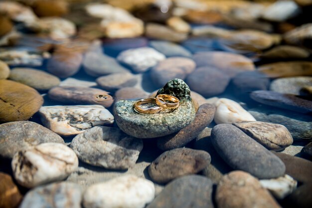 Les anneaux de mariage se trouvent sur le rocher de la mer sur fond de l'eau