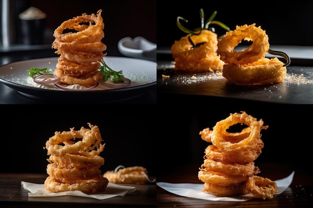 Anneaux d'oignon croustillants collage painé frite végétal anneaux d'Oignon fast-food résumé illustration générative AI