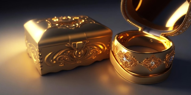 Anneaux d'or de fiançailles de mariage dans une boîte à bijoux dorée ouverte