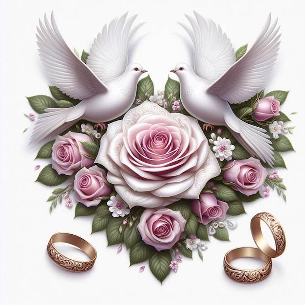 Des anneaux de roses de colombe et des éléments de mariage de cœur pour le modèle de conception de bannière de poste sur les médias sociaux
