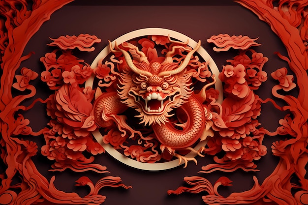 Année chinoise Année du dragon Style de découpage sur papier de fond chinois