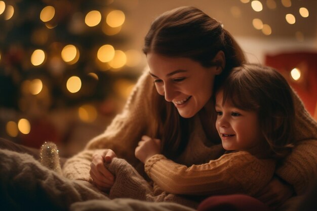 Année des lumières famille caucasienne nouveau cadeau de Noël enfant cadeau de vacances IA générative