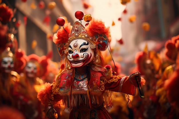 Année nouvelle chinoise Homme au festival portant un costume traditionnel chinois masqué