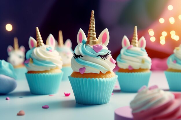 Anniversaire de cupcakes de licorne mignon Générer Ai