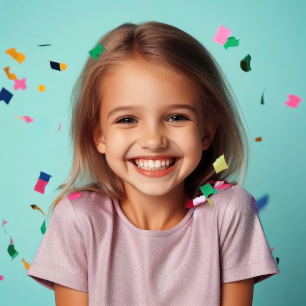 Anniversaire enfant fille heureuse avec des confettis sur fond coloré ai génératif