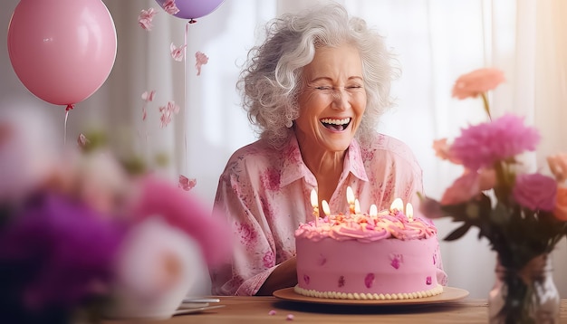 Photo anniversaire d'une femme âgée dans une vieille maison