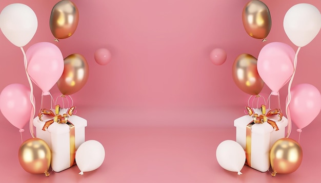 Anniversaire festif 3d avec boîte-cadeau fond de ballons à l'hélium blanc rose et or 5