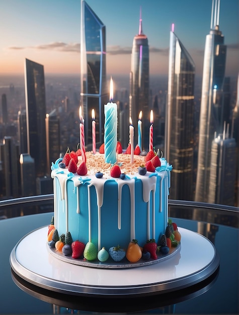 anniversaire futur soufflez des bougies entrez dans une ville de verre et d'acier avec des voitures volantes célébration