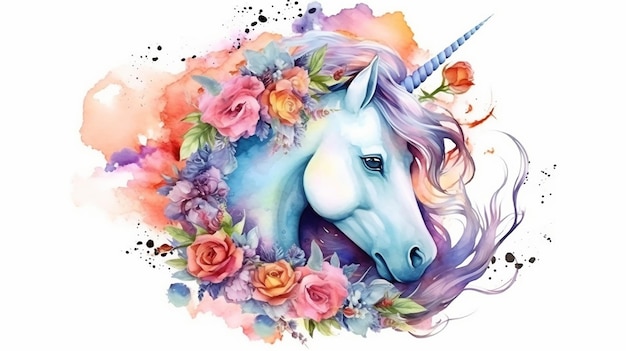 Anniversaire de licorne et encre à l'alcool aquarelle avec fleur AI générative