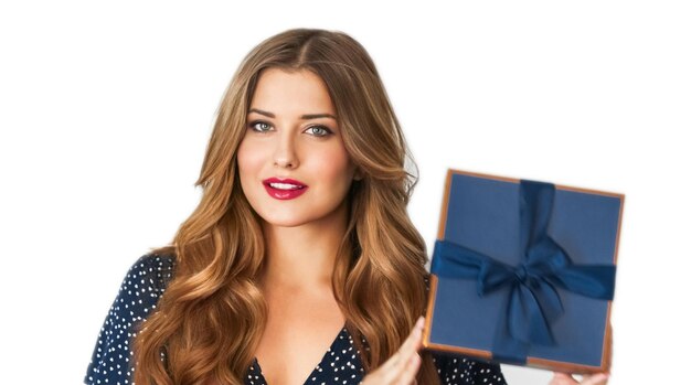 Anniversaire Noël ou cadeau de vacances femme heureuse tenant un cadeau bleu ou une boîte de beauté de luxe livraison d'abonnement isolé sur fond blanc