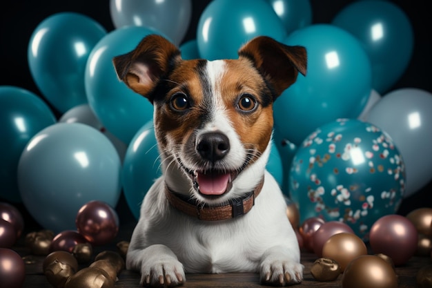 Anniversaire surprenant Jack Russell porte un chapeau cravate tient des ballons gâteau fond blanc