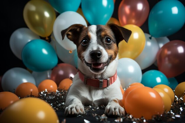 Anniversaire surprenant Jack Russell porte un chapeau cravate tient des ballons gâteau fond blanc