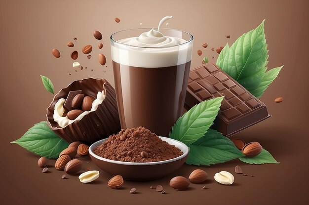 Photo annonce de chocolat à la noisette avec des éléments de flux de lait et de cacao fond brun