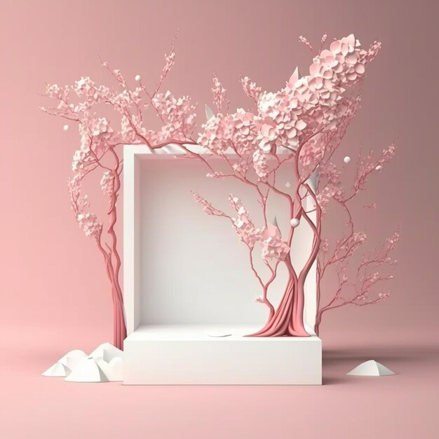 Annonce minimale abstraite avec cadre de branche d'arbre à fleurs roses Sakura sur un podium rose pour la promotion de produits cosmétiques ou de beauté AI générative