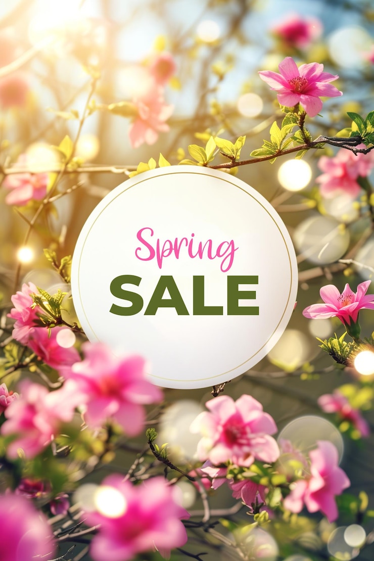 Photo une annonce de vente de printemps vibrante avec des fleurs roses et un arrière-plan éclairé par le soleil.
