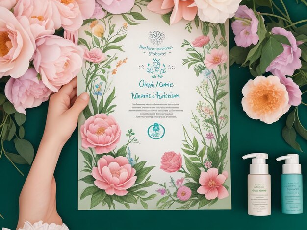 Annonces de crème à mains rose pour le soin de la peau avec des fleurs de papier rose sur fond géométrique en illustration 3D