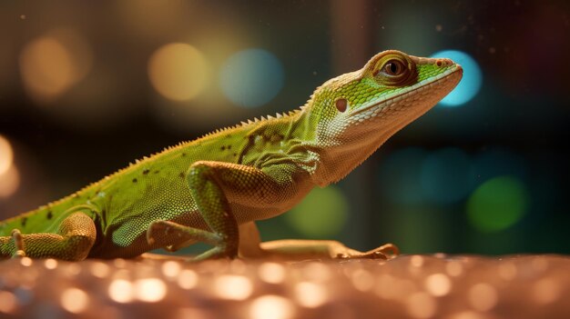 Anole vert en gros plan Un petit reptile de couleur vert vif IA générative